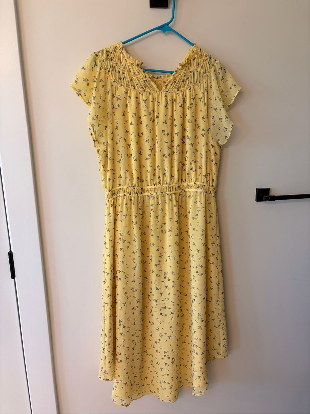 LOFT Yellow Floral Smocked-Neck Casual Dress